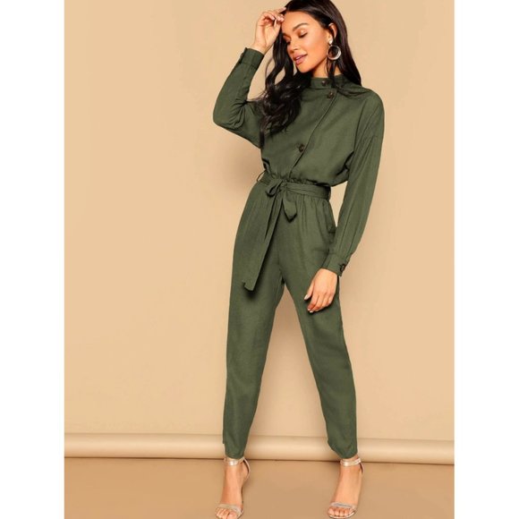 Drop Shoulder Asymmetrical Button Front Belted Jumpsuit - Picture 1 of 14